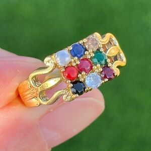 Gold Plated 9-Stone Navratna Gemstone Ring Sz 9.75